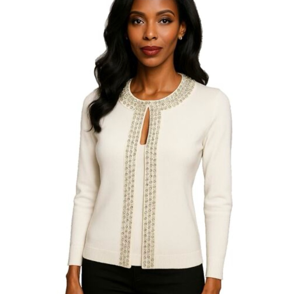 CARMEN MARC VALVO Beaded Pearl & Rhinestone Cardigan Twinset/Size: L